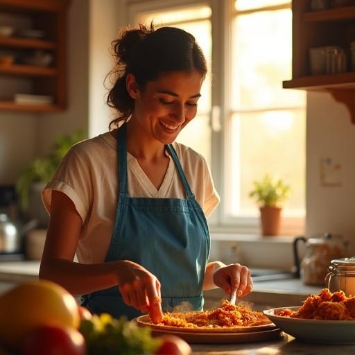 Mother engaged in cooking with Fried Chicken spice. Sunlight streams through kitchen window. Warm tones and blue apron. Authentic smile creates inviting atmosphere.