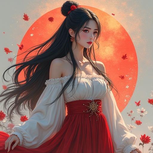 A beautiful girl with a single ponytail hairstyle. She wears a red dress and has an artistic, dreamy expression. The background features a large red orb with falling leaves.