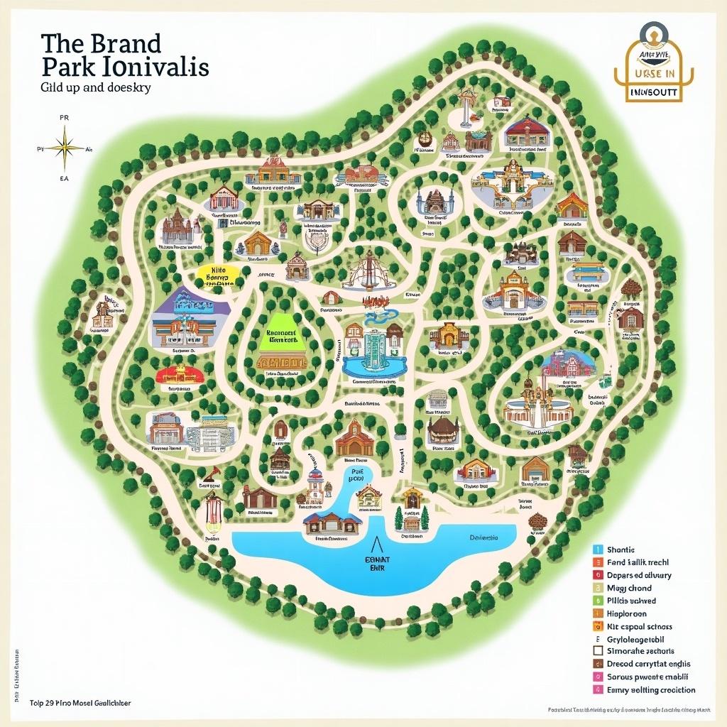 Layout of a theme park showing attractions and facilities. Highlighted areas include entry points and rides. Themed zones are marked. Clear symbols for food and safety are included. Notable scale and directional guidance is provided.