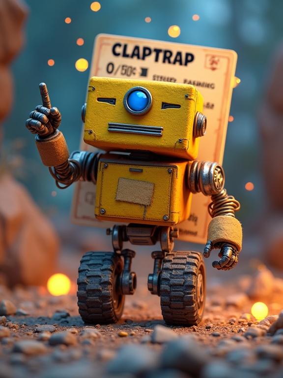 Highly detailed 3D render of cartoonish robot named Claptrap standing in front of stylized game card. Box-shaped body with yellow and beige patchwork textures, central blue eye, mechanical arms of wrapped metal. Balancing on large textured wheel, finger raised in confident pose. Background with stars and bolts, whimsical feel. Card design says 'CLAPTRAP' with funny ratings. Rocky terrain with glowing pebbles, small mechanical parts. Lighting with warm orange and cool blue tones, cinematic atmosphere.