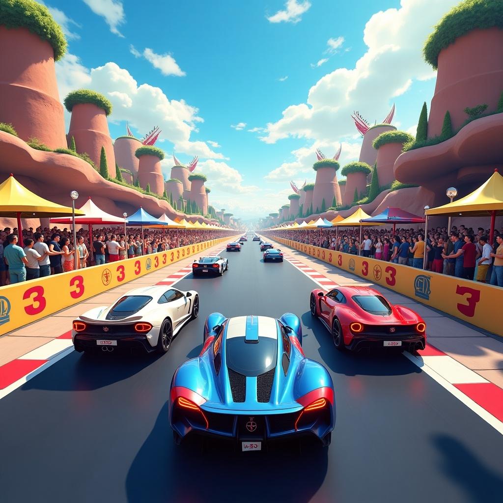 A vibrant illustration of a racing competition featuring sleek cars on a lively racetrack. The scene shows spectators lined up along the track, pink and yellow tents offering refreshments, and a backdrop of hills. Cars of varying colors speed ahead, all set under a bright blue sky with scattered clouds.