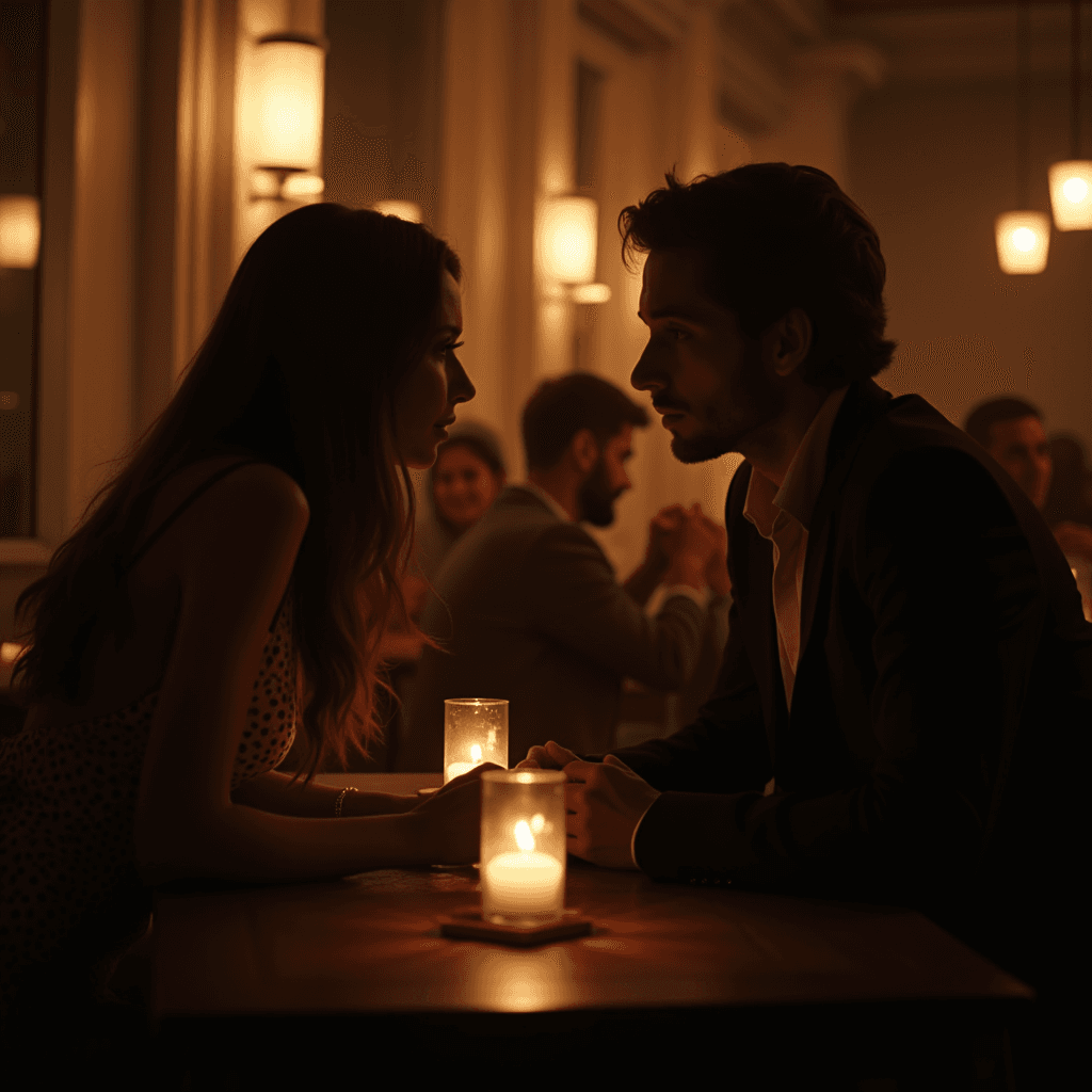 A couple shares an intimate moment at a candlelit dinner in a cozy restaurant.