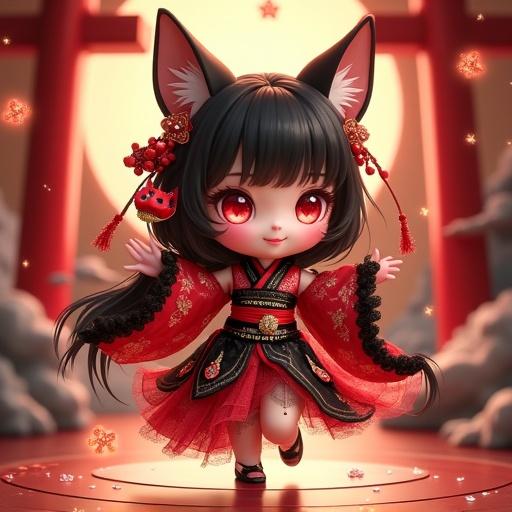 Charming chibi-style idol goddess dances on a small gothic shrine stage. She wears a mini kimono-inspired outfit with red and black fabric, intricate gold embroidery. Her sleeves are puffy with lace frills. Black hair with crimson ribbons and jeweled pins flows around her. Big glowing eyes radiate magic. A fox mask hangs at her waist. Floating around her are mini torii gates, enchanted charms, and glowing fans. The scene has a mystical atmosphere with soft lighting.