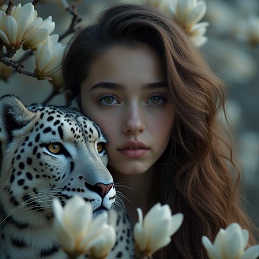 Girl with brown hair next to huge snow leopard. Background of creamy white magnolia flowers. Soft, natural lighting creates a dreamy atmosphere. Close connection between human and animal in a lush natural setting.