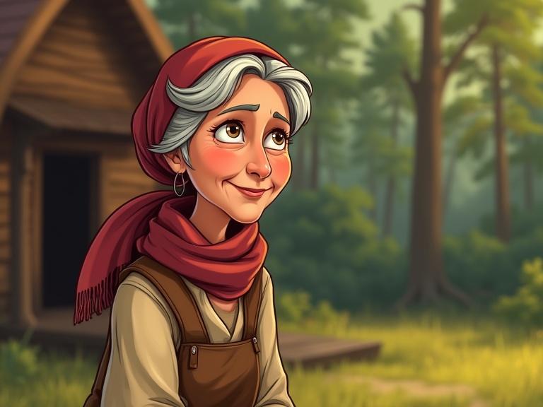 Cartoon scene featuring an elderly woman with a warm smile. She wears a scarf and rustic dress, sitting by a small wooden cabin. The setting is near a serene forest.