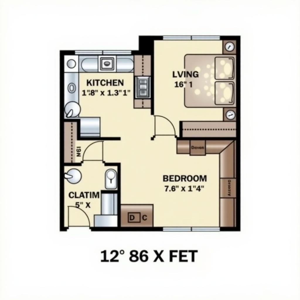 2BHK apartment layout with one bedroom, kitchen, bathroom, and living area in a compact design.