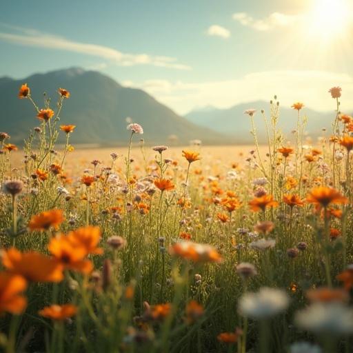 Fields of colorful flowers under a soft sky. Natural scenery capturing beauty and tranquility. Shimmering air waves create a magical atmosphere.