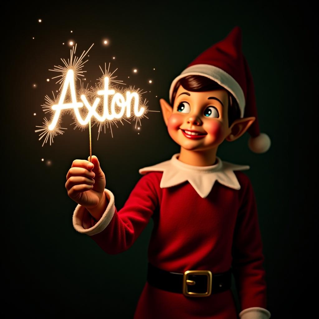 A joyful elf holds a sparkling wand that writes the name 'Axton' in light. The background is dark, creating a festive and magical scene. The character wears a classic elf costume.