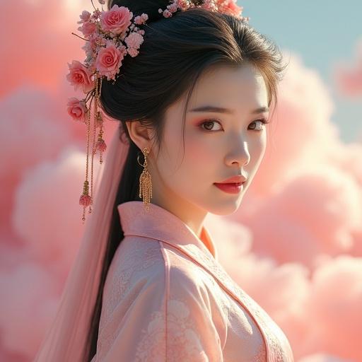 Portrait of a cute Chinese woman wearing traditional hanfu. Soft light highlights delicate facial features. Floral hair accessories add elegance. Graceful pose in a cultural setting. Warm pink clouds meet cosmic blue energy.