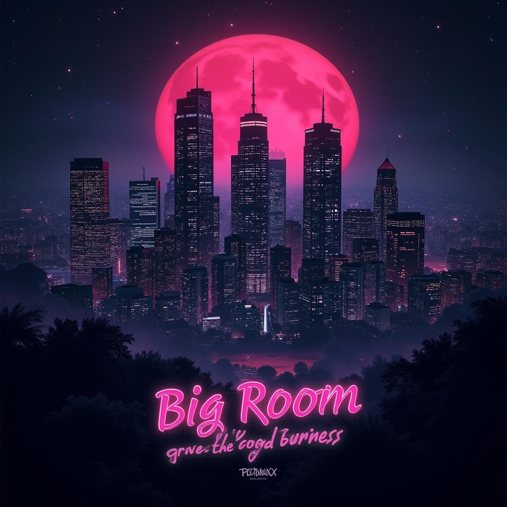 Dark captivating scene. Complex neon city skyline art on music album cover. Text: Big Room House DJ Droptronixx.