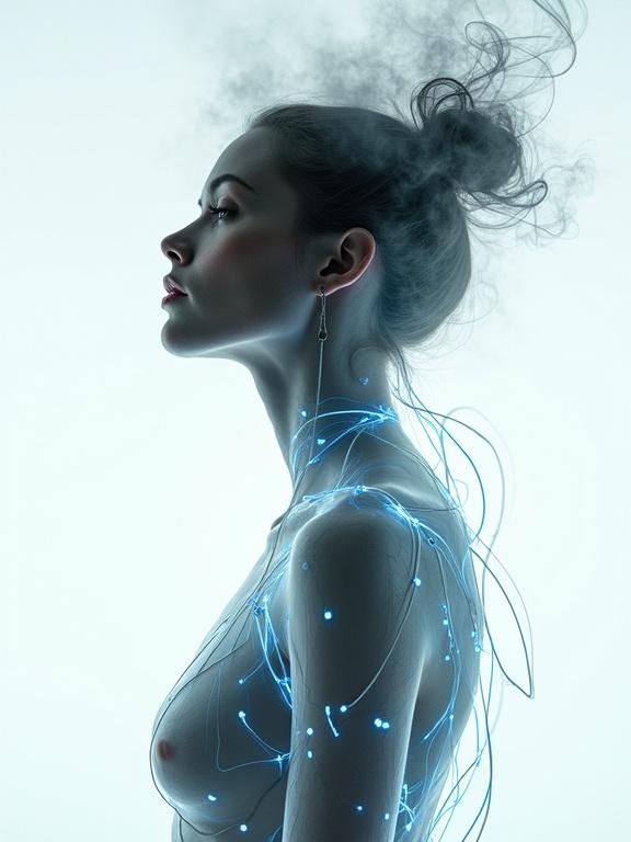 A surreal portrait photograph showcases a cyborg model dissolving against a white background. The figure is translucent, revealing circuitry and glowing blue lines. Wisps of metallic smoke curl upward. The lighting reflects softly on integrated titanium accents. The composition has minimalist elegance.