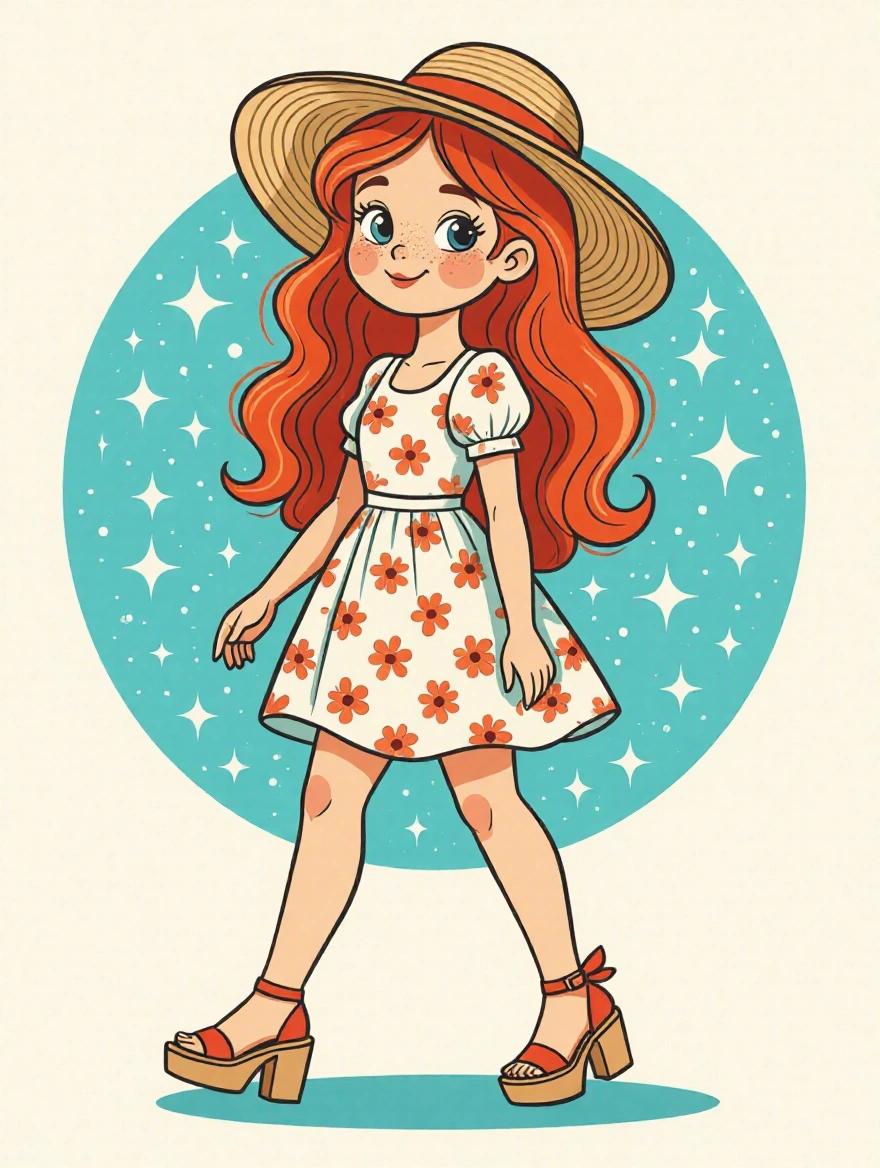 Drawing of a cute girl with red hair wearing a sundress. Girl has freckles and is walking. She is wearing a sunhat and platform sandal heels. The background is a solid color with star-like sparkles.