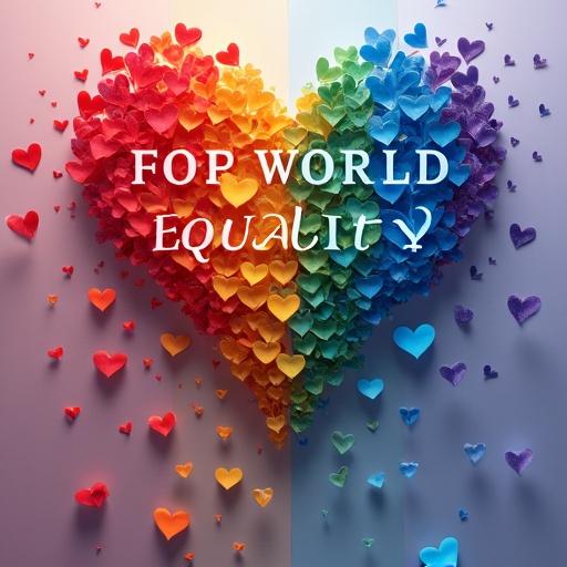 3D captivating poster titled TOGETHER FOR WORLD EQUALITY with rainbow heart design. Includes trans flag, pride flag, female and male symbols in hearts.