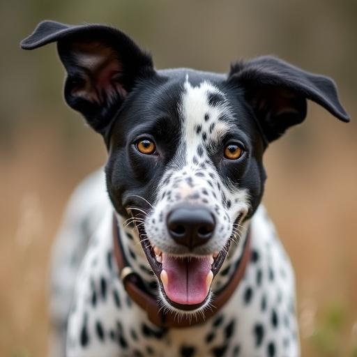 Dalmatian dog looking happy with open mouth and bright eyes. Outdoors with soft background. Dog has black and white spotted fur.