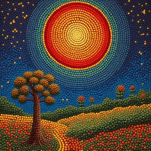 Colorful pointillist landscape. Large sun in center. Tree and hills in foreground. Dot patterns create depth and texture.