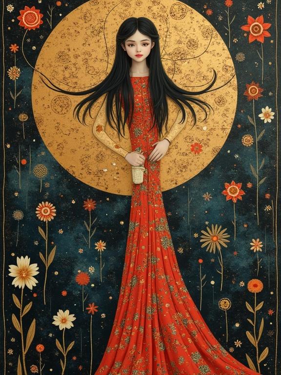 Illustration of a young woman in a red floral dress. She stands in front of a golden circle. The background features dark blue and floral elements. The hairstyle is long and flowing.