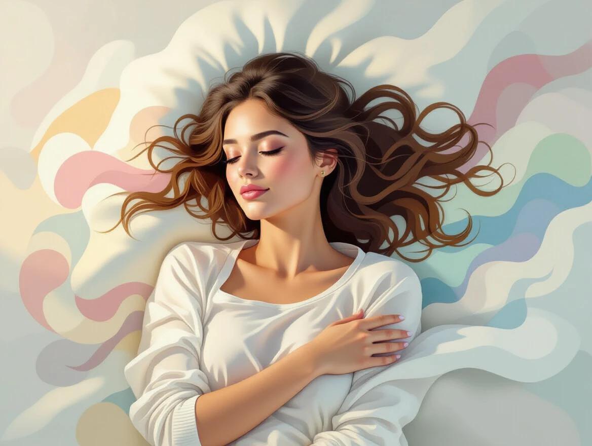 A woman drifts in a quiet dream while colors and shapes shift gently around her. She lies comfortably on a bed with her hair flowing. The setting has a serene and relaxing atmosphere.