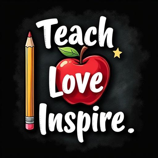 Bold design for teachers that features a chalkboard background. A red apple and yellow pencil are included. The text reads 'Teach Love Inspire' in clean white letters. The design centers on a transparent background. The high-contrast style suits the classroom. Optimized for printing on black Gildan t-shirts.