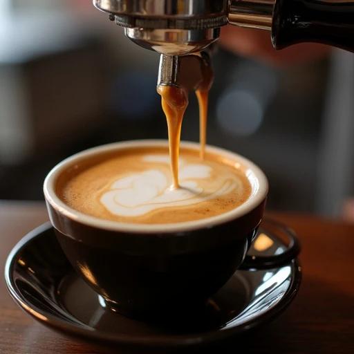 Barista pours espresso into a ceramic cup. Creamy milk froths on top. Rich aroma fills the air with freshly ground beans. Multi-sensory experience of coffee preparation.