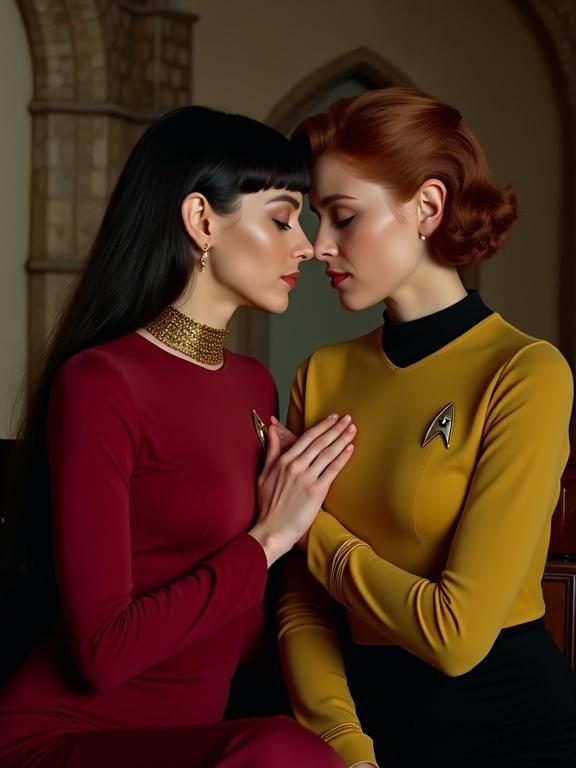 A photograph reminiscent of the Star Trek franchise featuring two women in a close, intimate moment. They are set in a dimly lit medieval-style interior with stone walls. The woman on the left is a Vulcan with long dark hair in a 1960s bouffant, wearing a red Star Trek uniform. The woman on the right has short auburn hair in a modern bob, dressed in a yellow Star Trek uniform. Their hands gently touch, creating a sense of affection in a warm and soft-lit environment.