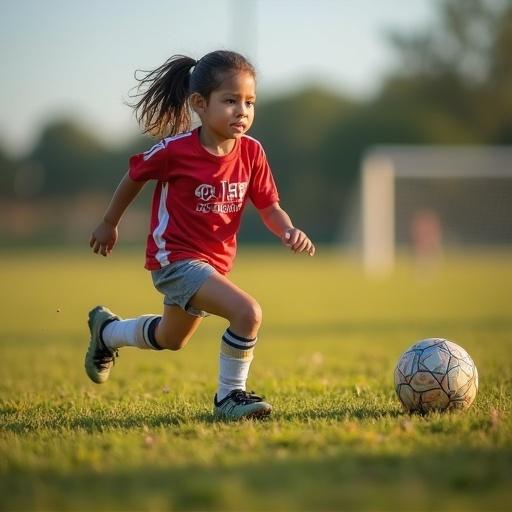 A child playing soccer in a dirt field. She wears a red jersey and grey shorts. The child is running toward a soccer ball. The grass is green and the scene is illuminated by sunlight.