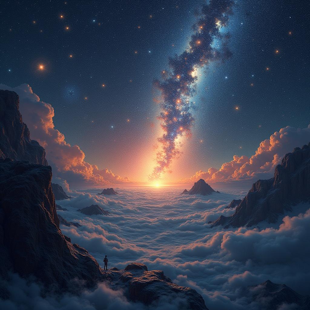 Surreal artwork depicting stars and a galaxy on an album cover with the text 'Let Me Know'. A figure stands on a mountain range above clouds.