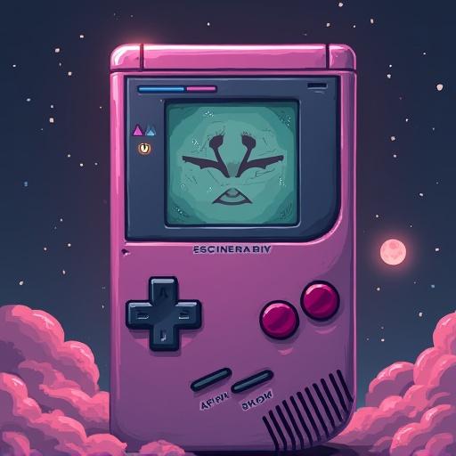 A stylized image of a retro game console with Aether on the screen. Background filled with stars and clouds. Console is pink in color and resembles an iconic handheld device.