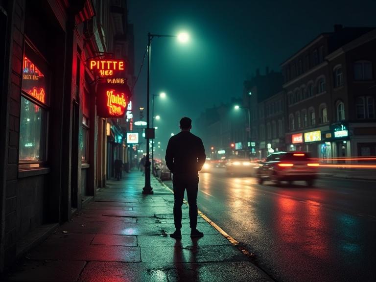 A dimly lit urban street at night. Glowing neon signs illuminate the surroundings. Car headlights create trails in the image. A person stands mid-frame under a streetlamp. There is a mix of warm and cool lighting contrasts.
