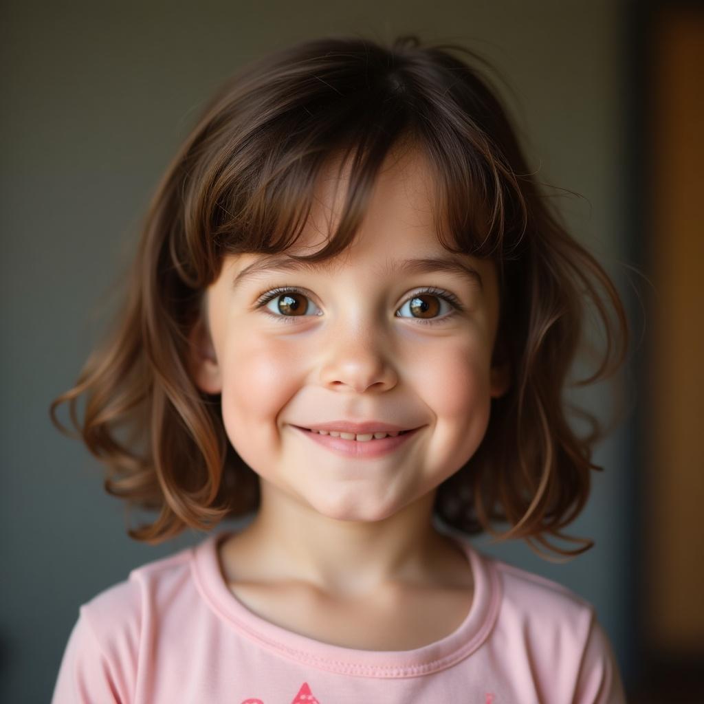 A young girl stands quietly in a softly lit setting. She has curly brown hair and wears a light-colored top. Her expression suggests innocence and curiosity.