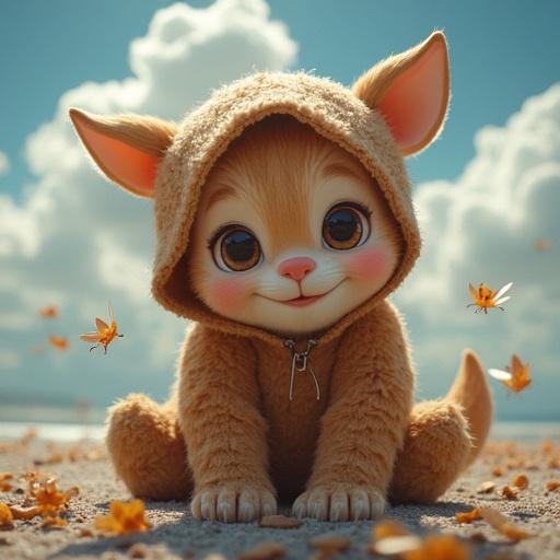 A furry character sits on a sandy beach with clouds in the background. The character appears joyful and playful. There are flowers and leaves floating around. The scene conveys a sense of happiness and positivity.
