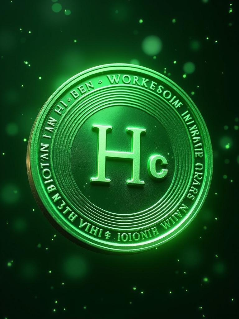 Design a coin symbolizing green hydrogen. Use vibrant green tones. Include the text 'HYDRO'. Focus on modern aesthetics. The coin appears circular and shiny.