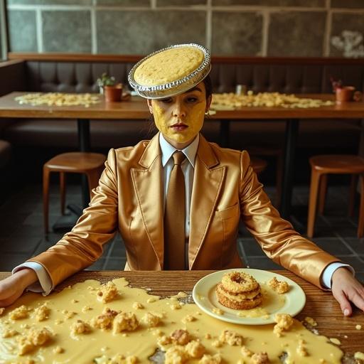 Photo of woman covered in light yellow custard substance. Wearing bronze satin suit, bronze tie, white shirt, brown leggings. Pie plate on head. Arms outstretched. Sitting in a chaotic restaurant. Tiled floor. Wooden table with pie crust. Bright lighting. Centered composition. Humorous atmosphere.