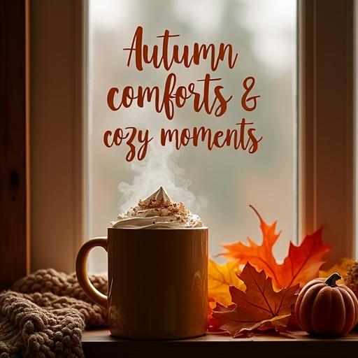 A steaming mug of spiced pumpkin latte with whipped cream and cinnamon. Placed on a wooden windowsill near colorful fall leaves. A knitted scarf nearby. The phrase AUTUMN COMFORTS & COZY MOMENTS is written in warm script on the window.