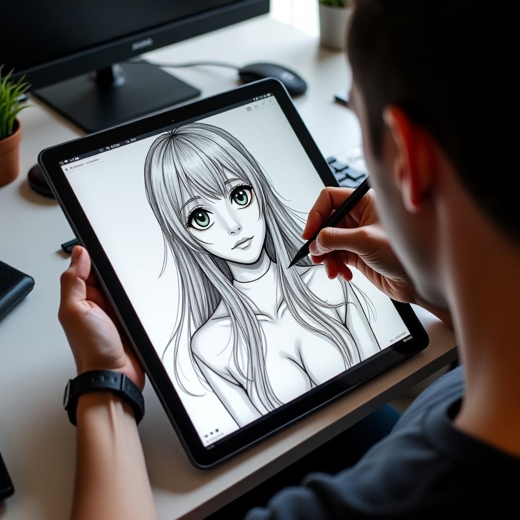 Person sketches a manga-style portrait on a digital tablet. Intricate details visible on the screen. Surrounded by drawing tools. Modern workspace setting.