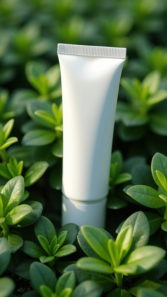 A white cosmetic tube stands amidst vibrant green plants.