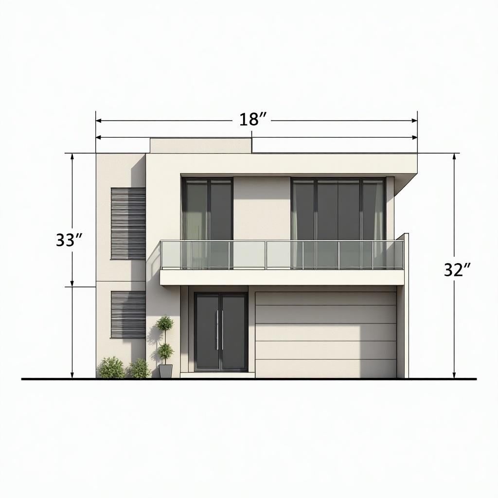 Elevation design for an exterior wall with specific dimensions of 18 feet width and 33 feet height. Front view of a modern home showing windows and a balcony.