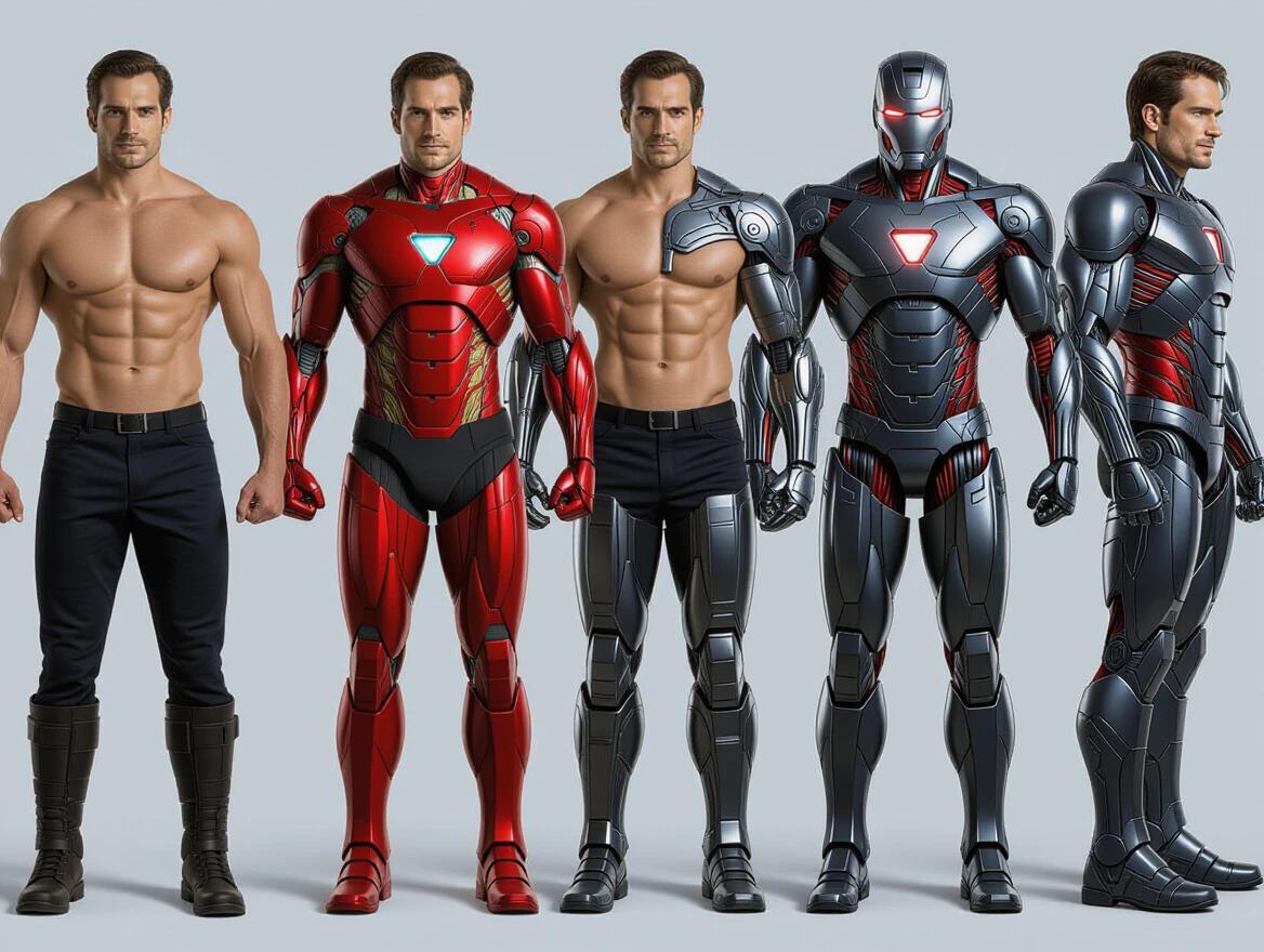 Multiple images show a character evolving from a man to a cyborg. Transformation process is highlighted in stages. Progression shows muscular evolution. Robotic suit details become prominent. Final image features a fully equipped cyborg. Heroic aesthetics are present throughout the images.