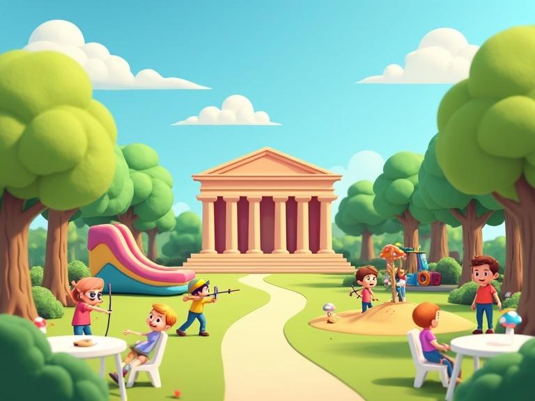 Flat 3D illustration of a cheerful kids event in a park. Large inflatable palace shaped like a neoclassical building appears in background. Tall green trees surround the setting. Blue sky filled with white fluffy clouds enhances the scene. Playground features an inflatable slide. Kids are joyfully playing paintball near tires. Other kids are practicing archery. Two children enjoy a sandbox. Treehouse has a ladder and zipline. A girl rides down the zipline amidst colorful mushrooms. A white plastic table and chairs complete the setup. The style is clean with no textures and soft shadows.