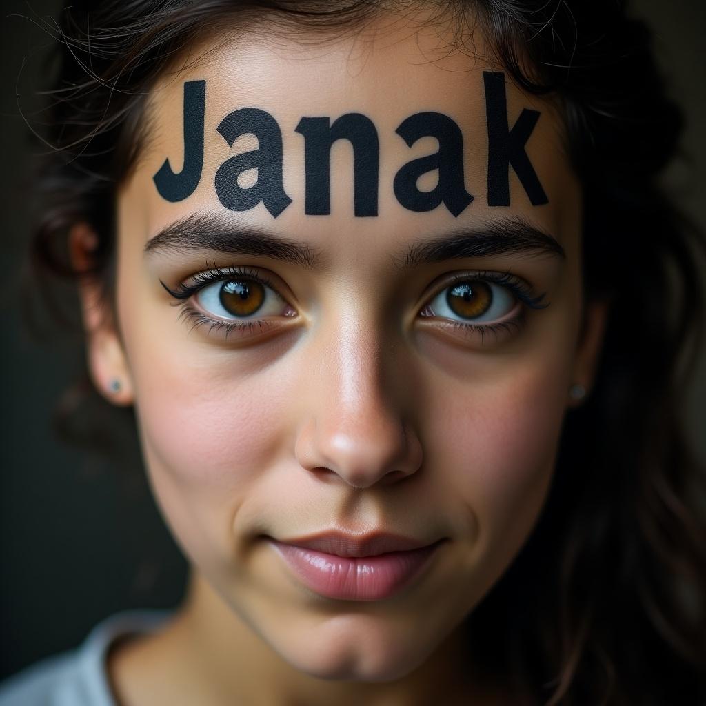 Close-up portrait of a person with textured letters on their face. Text reads 'Janak'. Focus on identity and self-expression.