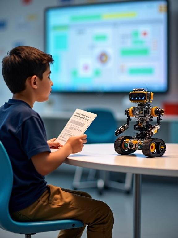 A child sits at a table in a modern classroom. The child looks at a robot on the table. The child holds a programming guide. The robot is colorful and made of LEGO parts. The classroom has a smart board in the background.