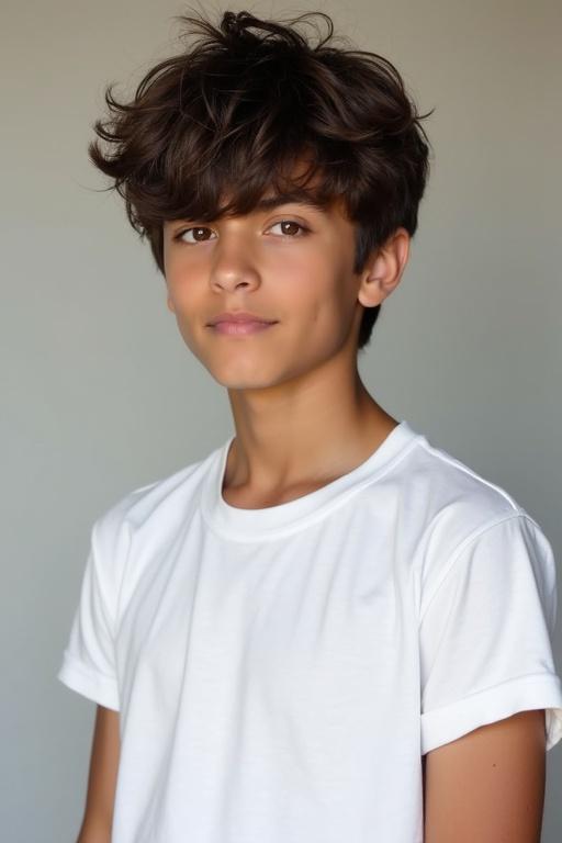 15 year old young man with thick brown hair styled in a messy cut. Medium brown skin and defined facial features. Dark brown eyes, straight nose, defined jawline, full lips. Thin but muscular build. Wearing a white baggy T-shirt.