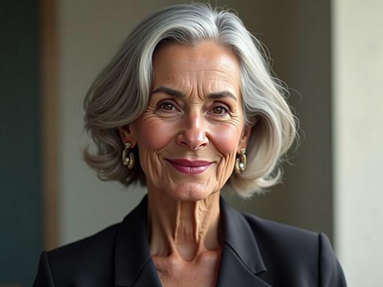 Create a very realistic digital art representation of an older version of the woman in the photo. She should have similar features, but with visible signs of aging, such as gentle wrinkles and greying hair. The expression should convey wisdom and warmth, reflecting her life experiences. Dress her in a stylish outfit that maintains a professional look similar to what she wore in the original photo. The background should complement her, perhaps with soft, muted colors.