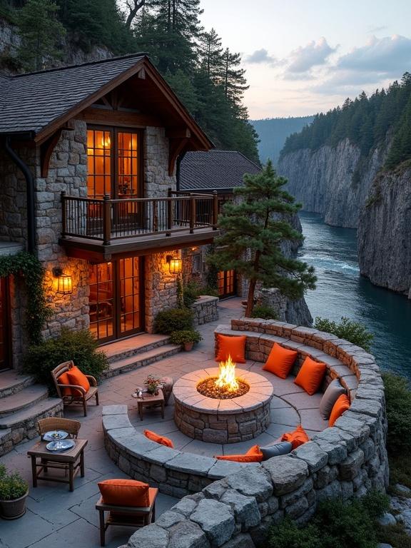 An inviting rustic stone cabin beside a river canyon during twilight. Features warm lanterns glowing from the cabin windows. Fire pit surrounded by plush seating. Lush greenery and mountains in the background. Cozy and scenic vibe.