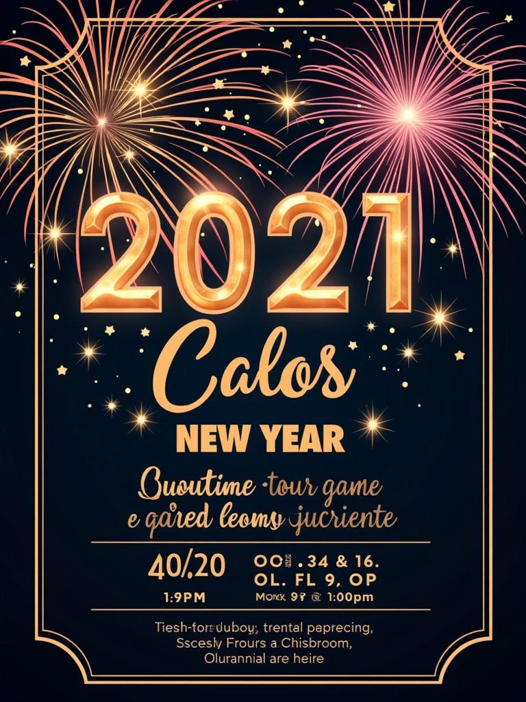 New Year party invitation card design with fireworks. The focus is on golden text for the year 2021. Dark background enhances festive feel. The invitation includes details about the event.