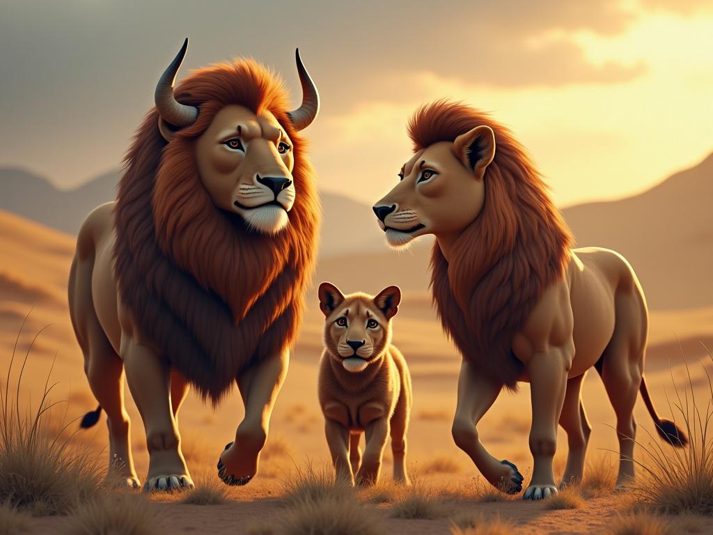 Three lions are depicted. One adult male lion with a majestic mane. One adult female lion. Two lion cubs, one larger than the other, are present. A warm sunset in a savannah setting surrounds them.