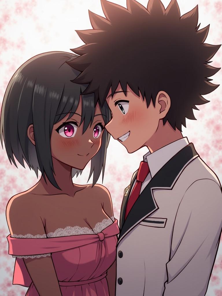 A wedding scene featuring an anime couple. Male character wears a formal white suit with a black lapel. Female character wears a pink dress with lace details. Background has a floral pattern in soft colors.