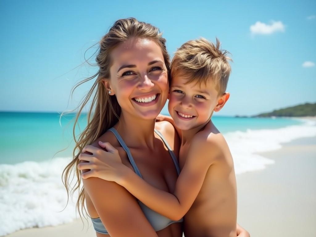 A beautiful woman is wearing a grey bikini while hugging her 12-year-old son. They are both smiling widely, enjoying a sunny day at the beach. The turquoise ocean and white sand surround them. Their expressions convey joy and love. The warm sunlight adds a cheerful atmosphere to the scene.