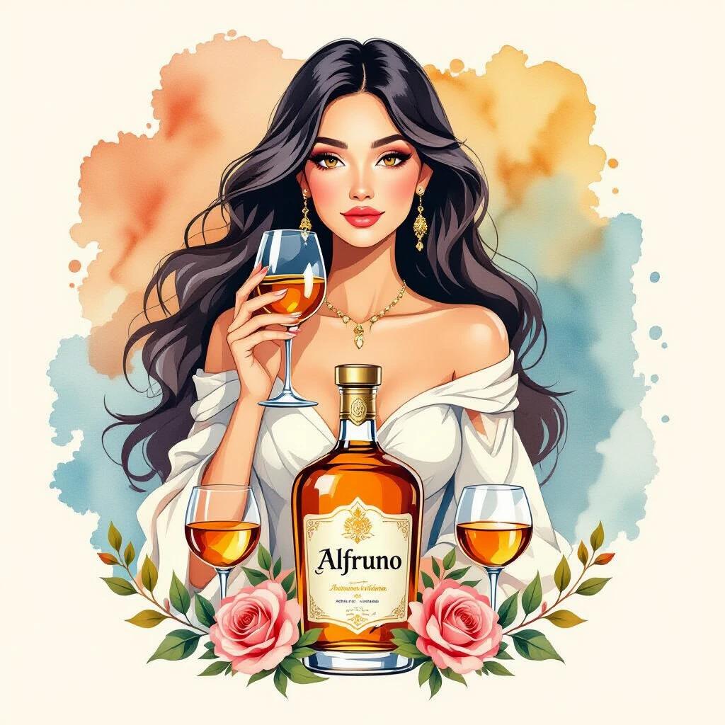 Stylized illustration of a woman with dark hair holding a wine glass. She has a serene expression and jewelry. Background features watercolor splashes in orange and blue. A bottle labeled Alfruno is displayed with glasses and roses.