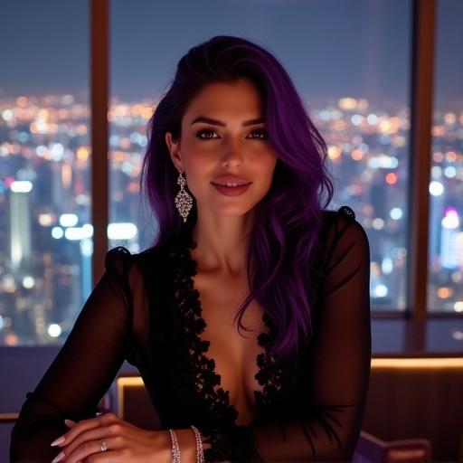 A lady with dark violet hair sits at a bar counter. She wears a black lace and silk blouse. The background shows a luxurious high-rise lounge with large windows. The night cityscape is filled with skyscrapers and city lights. Warm ambient lighting creates a sophisticated atmosphere.