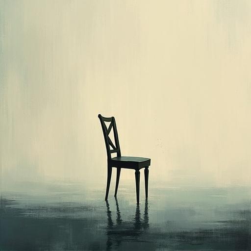 A lonely floating chair in a dreamlike minimalist composition. It features minimalist surrealism with abstract forms and textured brushwork. Emotive visual storytelling in illustration style.